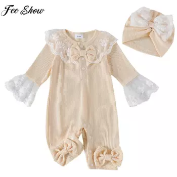 Детский кружевной комбинезон с бантом, с длинным рукавом и шапкой