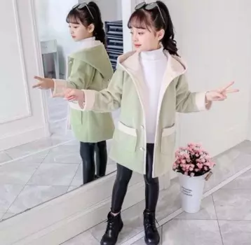 Детское демисезонное пальто с капюшоном, зеленое/розовое