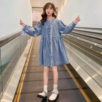 Детское джинсовое платье с длинным рукавом, на пуговицах