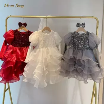 Детское многослойное платье-пачка с блестками, с пышными рукавами