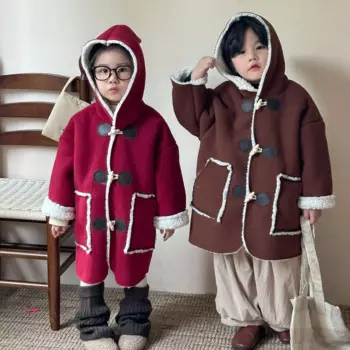 Детское пальто из овечьей шерсти для девочек, цельное флисовое плотное зимнее пальто для маленьких девочек, куртка с шапкой волшебника и пряжкой из коровьего рога, детская куртка для маленьких девочек