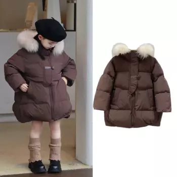 Детское пальто на утином пуху 90, зима 24, милое меховое теплое толстое пальто для девочек, куртка, верхняя одежда, одежда