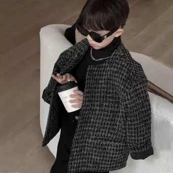 Детское пальто, новинка осень-зима 2023, детская одежда в Корейском стиле, детское твидовое пальто в черную клетку для мальчиков, утепленное хлопковое пальто
