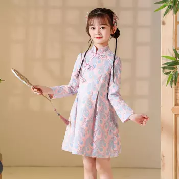 Детское платье-Ципао с длинным рукавом и вышивкой перьев