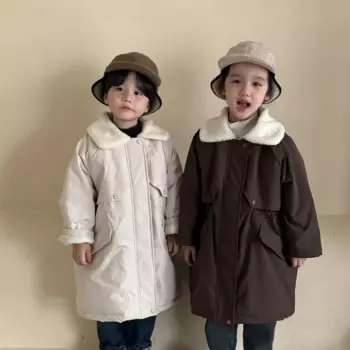 Детское Стеганое пальто на флисовой подкладке, зимнее длинное теплое пальто с воротником с лацканами для мальчиков и девочек