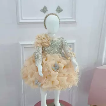 Детское платье с цветочным узором цвета шампанского и 3D для свадьбы, пышное тюлевое бальное платье с рюшами, детское платье принцессы с прозрачной сеткой и кристаллами