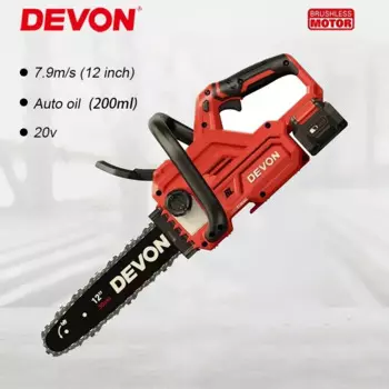 Devon 4557 12-дюймовая аккумуляторная цепная пила, бесщеточная, 7,9 м/с, предохранительная рамка с автоматическим наполнением масла для резки древесины, универсальная гибкая батарея 20 В