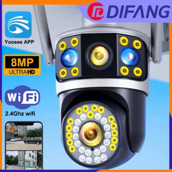 DIFANG уличная Wi-Fi безопасность тройные камеры цветной PIR датчик ночного видения 360-градусная сирена сигнализация беспроводная камера видеонаблюдения PTZ Yoosee