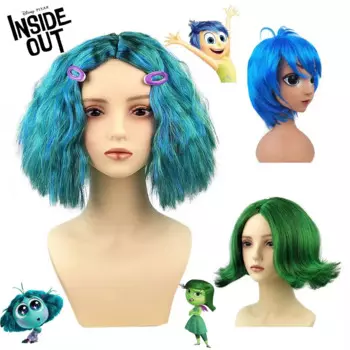 Disney Inside Out 2, Envy, короткие синие вьющиеся волосы, парик Joy, Disgust Sadness, маскарад, головной убор для косплея, головной убор, парик, кепка
