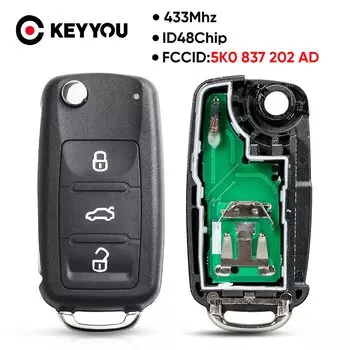Дистанционный ключ KEYYOU 5K0837202AD с 3 кнопками, 434 МГц, чип ID48 для VW Volkswagen Golf PASSAT Tiguan Polo Jetta Beetle, Автомобильный ключ без ключа