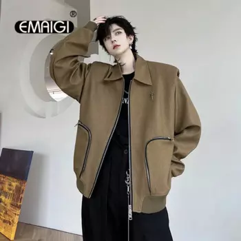 Дизайнерская куртка нишевая с металлической молнией и карманами, Мужская короткая куртка с наплечниками, уличная одежда, модная Свободная Повседневная весенне-осенняя куртка