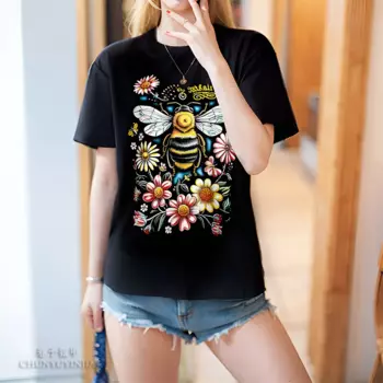 Дизайнерская Роскошная брендовая футболка Chun yu yin jia с 3D рисунком пчелы, футболка с коротким рукавом для женщин, черная футболка