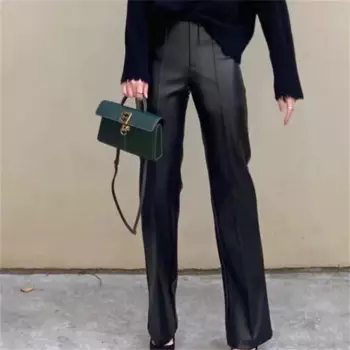 Дизайнерские прямые брюки из искусственной кожи в стиле ретро, женские осенние повседневные длинные брюки