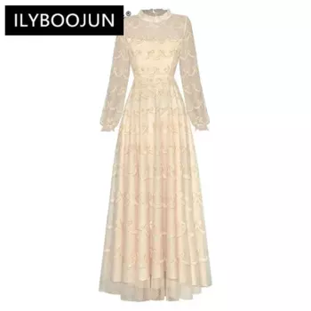 Дизайнерское осеннее длинное платье, женское винтажное платье с круглым вырезом и рукавами-фонариками, вышивкой и блестками, 2024, роскошный бренд