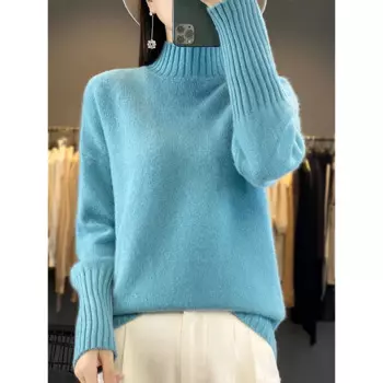 DjzDsm осень/зима женский 100% чистая шерсть толстая вязка с длинным рукавом однотонный пуловер с полуводолазкой базовый топ