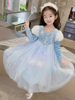 Длинное бархатное платье для девочек, с блестками