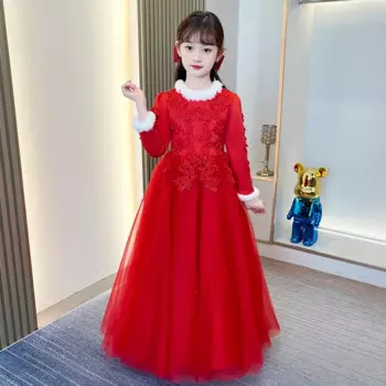 Длинное бархатное платье для девочки с шерстяным воротником, рождественское праздничное Пышное Платье принцессы CR683
