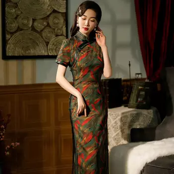 Длинное китайское пикантное улучшенное ретро платье Ципао, официальное женское банкетное платье, весна-лето, Ципао, атласное платье с коротким рукавом