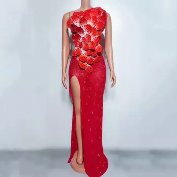 Длинное платье на одно плечо с красными цветами и кристаллами, женское элегантное платье для свадьбы, вечеринки, дня рождения, празднования, модели, сценический костюм певицы