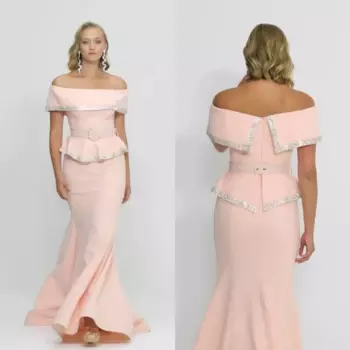 Длинное платье-Русалка с открытыми плечами и рюшами