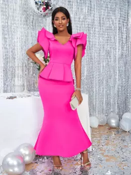 Длинное платье-Русалка с V-образным вырезом и баской