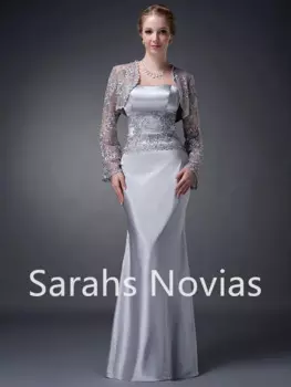 Длинное серебристо-серое длинное кружевное стрейчевое атласное платье для матери невесты с кружевными куртками женское платье