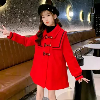 Длинное стильное шерстяное пальто цвета хаки для девочек, осенне-зимняя детская верхняя одежда, детская одежда, Подростковая Рождественская куртка