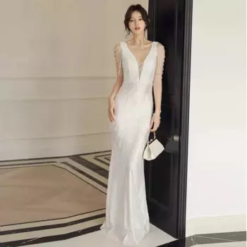 Длинное женское платье-Русалка с V-образным вырезом и бусинами