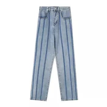 Длинные джинсы в полоску контрастных цветов в Корейском стиле, лето 2024, брюки в стиле Харадзюку с высокой талией, свободные модные шикарные джинсовые брюки с широкими штанинами