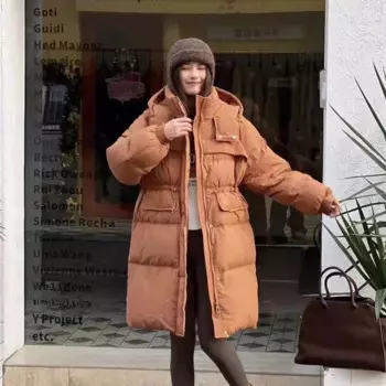 Длинные пуховики, утепленное зимнее пальто, женское пальто, новинка 2024, пуховик с капюшоном и завязками, модная ветрозащитная верхняя одежда, женские куртки