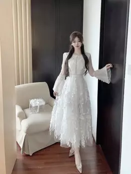 Длинные шифоновые платья, новинка сезона осень 2024, французское белое Сетчатое кружевное лоскутное женское платье с круглым вырезом и Расклешенным рукавом, элегантное женское платье