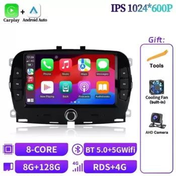 Для Fiat 500 2016-2019 беспроводной Android 13 Carplay 4G мультимедийное автомобильное радио 2 Din экран WIFI GPS