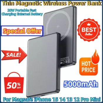 Для Magsafe IPhone 15 14 13 12 Pro Mini тонкий магнитный беспроводной внешний аккумулятор 20 Вт портативный внешний аккумулятор с быстрой зарядкой 5000 мАч