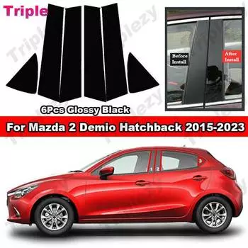 Для Mazda 2 Demio Hatchback 2015-2023 6 шт. глянцевая фортепианная черная автомобильная стойка BC накладка накладка из углеродного волокна материал ПК наклейка