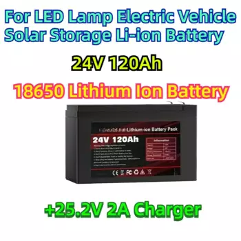 Для светодиодной лампы, электромобиля, солнечное хранилище, литий-ионный аккумулятор, 24 В, 120 Ач, литий-ионный аккумулятор 18650 + зарядное устройство 25,2 В, 2 А