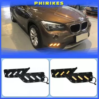 Дневные ходовые огни для BMW X1 2013 2014, 2 шт., с желтым поворотником и синим светодиодный чным светом