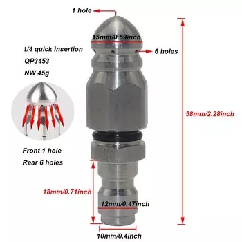 Дноуглубительная насадка для канализационной трубы, насадка высокого давления из нержавеющей стали с 7 отверстиями, насадка для водяного пистолета высокого давления 5000psi 1/4, быстрое соединение