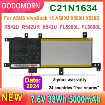 DODOMORN C21N1634 Аккумулятор для ноутбука ASUS VivoBook 15 A580U X580U X580B Series R542U R542UR X542U FL5900L FL8000L, гарантия 2 года