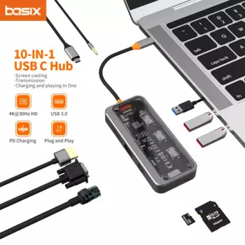 Док-станция Basix usb c hub 10 в 1, usb 1000*3 SD TF ethernet RJ45 м VGA Аудио мм для MacBook M1 M2