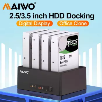 Док-станция для клонирования жестких дисков MAIWO 4-bay подходит для жестких дисков SATA 2,5 дюйма/3,5 дюйма/твердотельных накопителей USB 3.0 светодиодный экран дисплей HDD