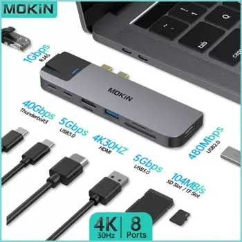 Док-станция MOKiN 8 в 2 для ноутбука MacBook Air/Pro, Thunderbolt — USB3.0, Type-C 3.0, 4K30 Гц, SD, TF, RJ45 1 Гбит/с