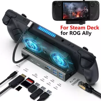 Док-станция Steam Deck с вентилятором, док-станция 11 в 1, совместимая с HDMI, 4k @ 60 Гц, Gigabit Ethernet, Стандартная зарядка PD для консоли ROG Ally