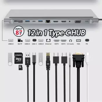 Док-станция Тройная, 12 в 1, с HDMI1.4 * 2 + VGA + USB3.0/2,0 + RJ45 100M + SD/TF + PD + TYPE C для Mac Pro/Air DELL ASUS