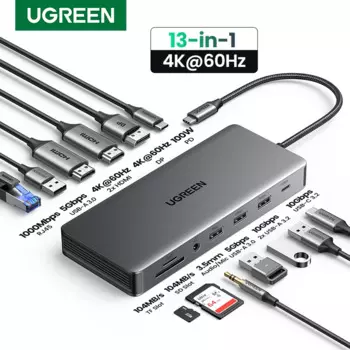 Док-станция UGREEN USB C 13 в 1, HDMI, 10 Гбит/с, 100 Вт
