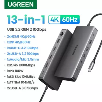 Док-станция UGREEN USB C 13 в 1, HDMI, 10 Гбит/с, 100 Вт