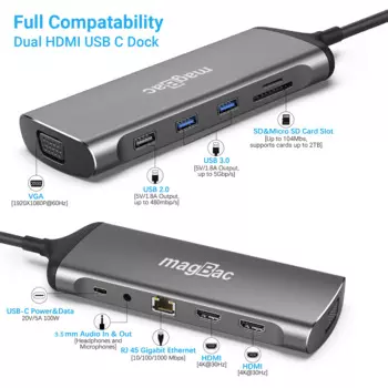 Док-станция USB c с двойным монитором HDMI 4K 30 Гц USB3.0 VGA RJ45 PD 100 Вт SD TF кардридер USB C концентратор для Macbook Pro Air dell