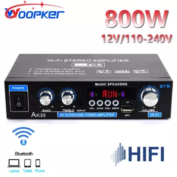 Домашний цифровой усилитель Woopker Amp Ak35, 800 Вт, 12 В, басовый аудиоусилитель, Bluetooth усилитель, Hifi, Fm, сабвуфер, динамики 100-240 В