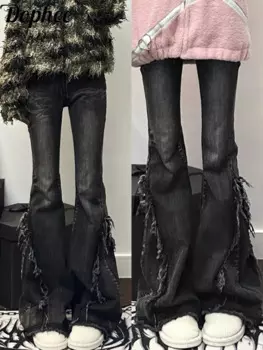 Dophee оригинальные черные серые расклешенные джинсы Y2k для женщин весна-осень американские прямые джинсы с высокой талией и бахромой для девочек