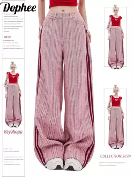 Dophee женские брюки-карго Pinnk, новинка 2024, весенние полосатые прямые брюки допамина с цветными блоками, милые повседневные длинные брюки с высокой талией