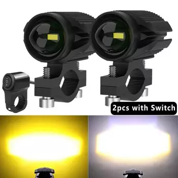 Дополнительные светодиодные фары для мотоцикла, светодиодная лампа 12-80 В, двухцветный белый/янтарный, универсальные вспомогательные прожекторы, противотуманные фары